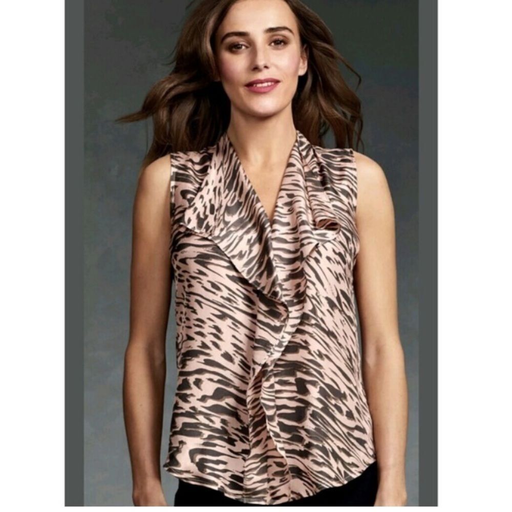 CAbi #104 Just So Silk Sleeveless Blouse Animal Print Flowy Size Small Office